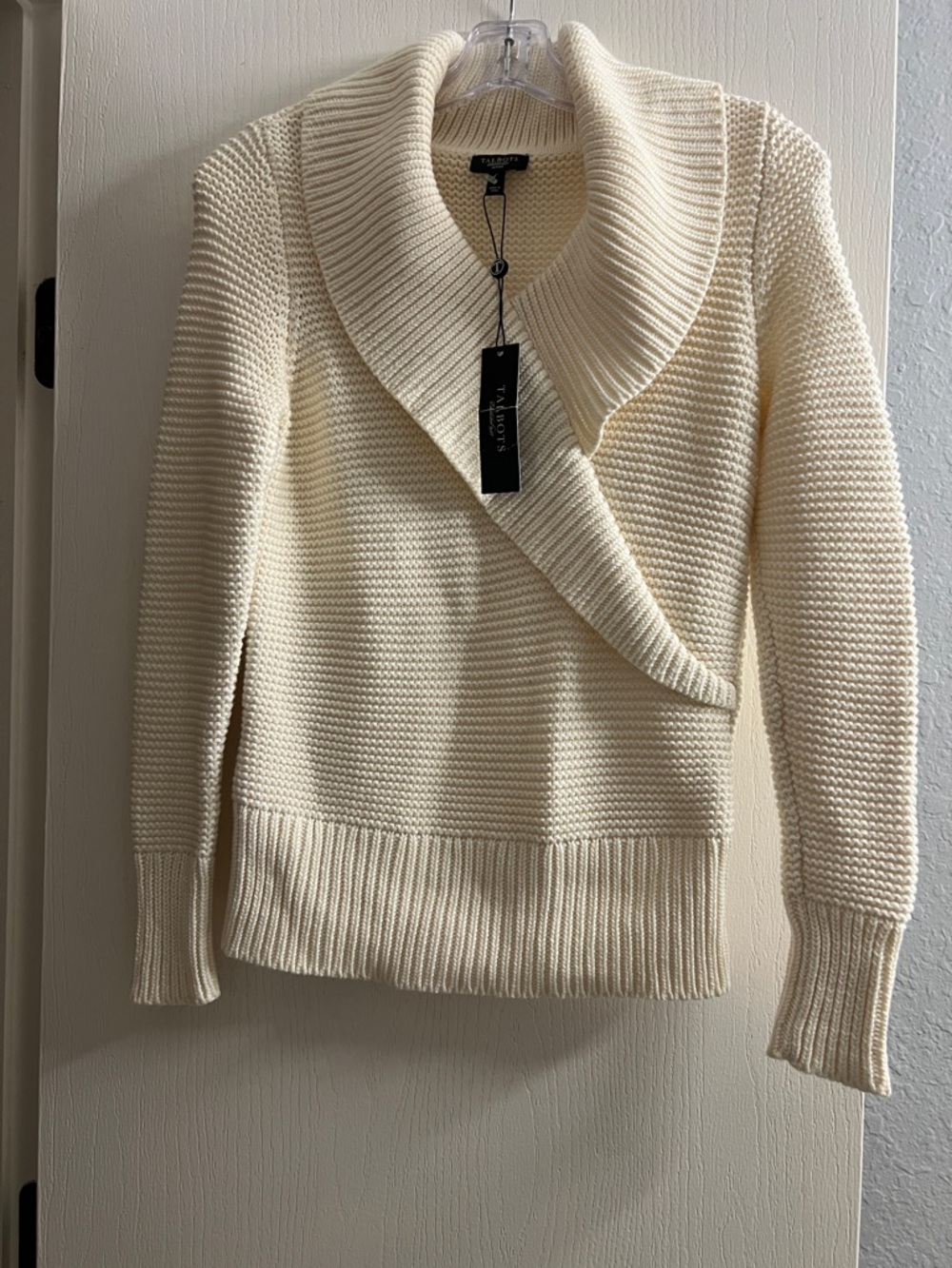 Talbots Cream Shawl-Collar Textured Turtleneck Sweater